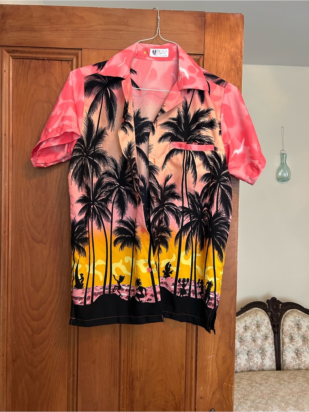 Tropical Palm Print Button-Up Shirt - Pink/Yellow